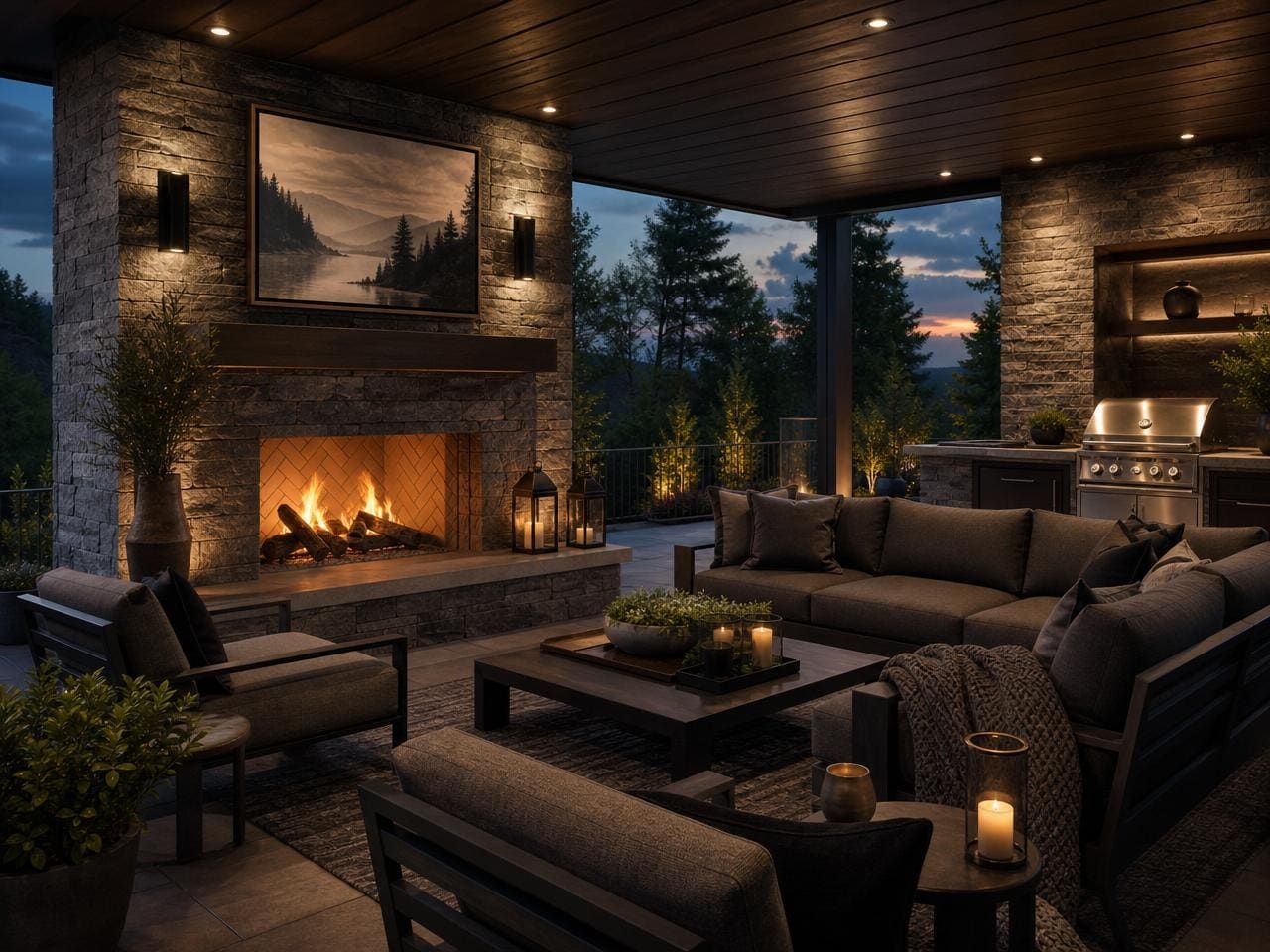 Modern outdoor living space with a stone fireplace