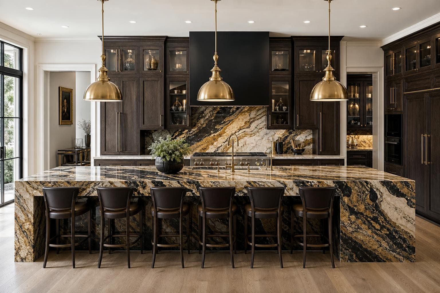 Oversized kitchen island in exotic granite with gold and black veining
