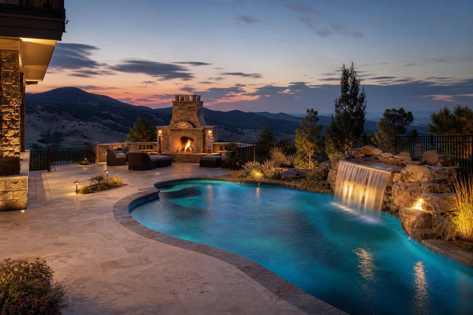 Luxury pool with travertine deck, granite coping, and stone waterfall