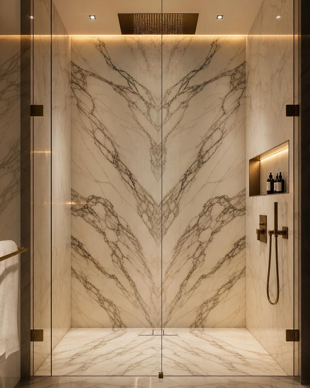 Book-matched Calacatta marble shower with slab walls and floor